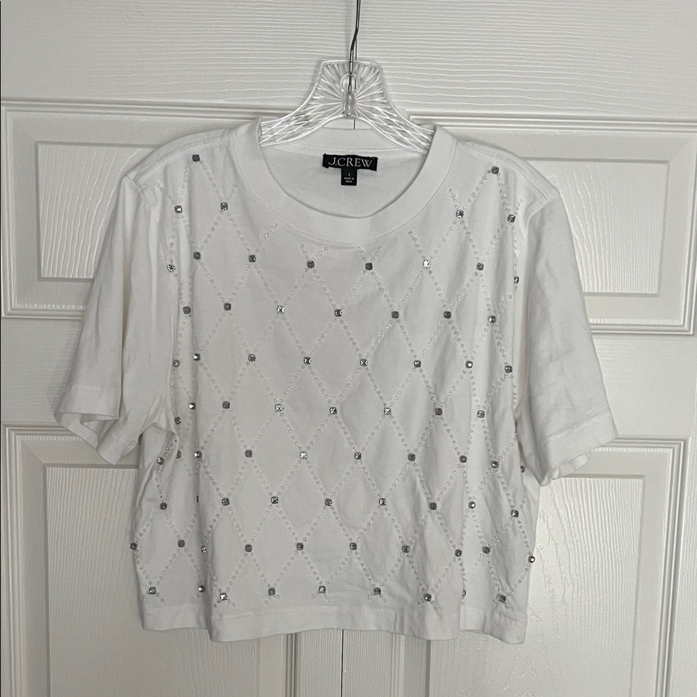 J. Crew White Embellished Crop Top